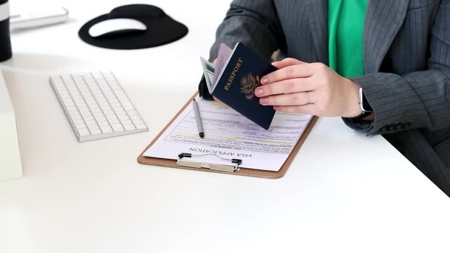 Close up of a caucasian woman checking an American passport for visa application document 