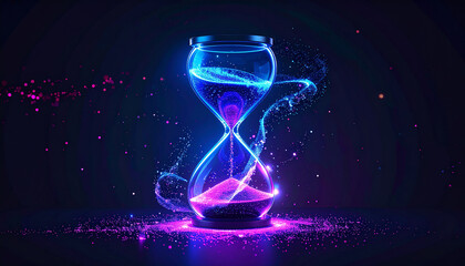 Futuristic luminous hourglass filled with swirling glowing particles. Neon blue and purple lights