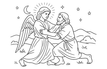 Obraz premium Biblical scene of jacob and angel under starry night for faith-based artwork