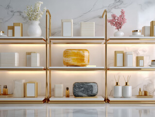Modern shelves displaying beauty products with blank labels in a luxurious interior design