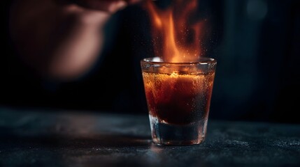 A dramatic flaming shot glass with a burning alcoholic beverage glows on a dark bar counter symbolizing nightlife energy