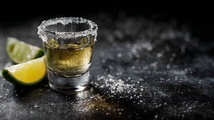 A shot glass of tequila with a salt rim and lime wedges on a dark textured surface