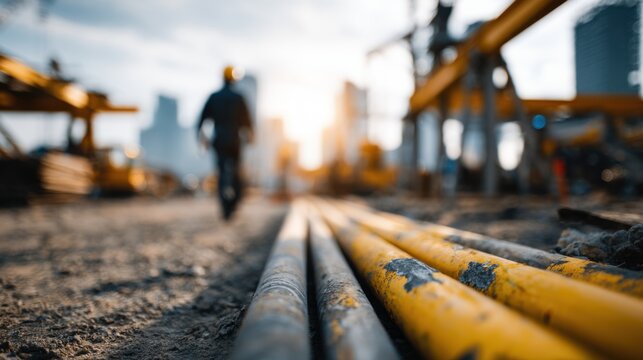 Engineer Overseeing Installation of Natural Gas Pipeline at Sunset