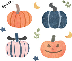 watercolor colorful cute pumpkin set halloween illustration