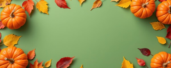 Obraz premium Autumn Harvest with Pumpkins and Colorful Leaves on Green Background