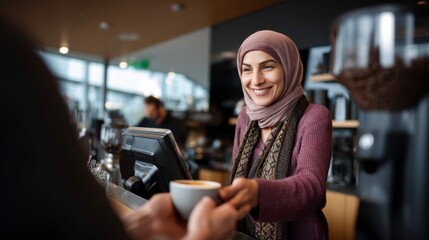Friendly barista serving coffee urban portrait photography bustling community close-up view connection and warmth