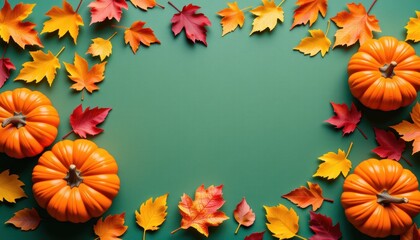 Vibrant Autumn Pumpkins Surrounded by Colorful Leaves on Green Background