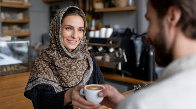 Joyful barista serving coffee to customer cozy  close-up interaction warm atmosphere intimate viewpoint connection and comfort