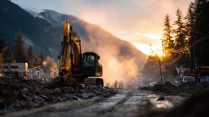 Excavator Digging a Trench in a Wet Area near Powell River, BC