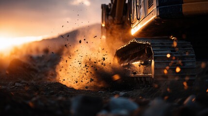 Excavator Digging Deep with Force and Energy at Sunset