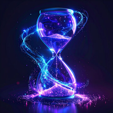 Futuristic luminous hourglass filled with swirling glowing particles. Neon blue and purple lights