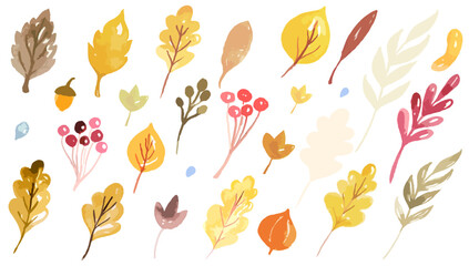 Obraz premium Collection of autumn leaves, berries, acorns in watercolour style in vector.