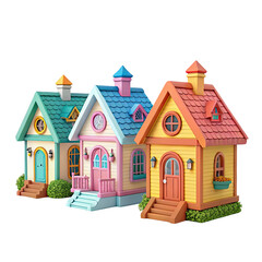Three whimsical fairy tale houses in pastel colors with charming details isolated on transparent background