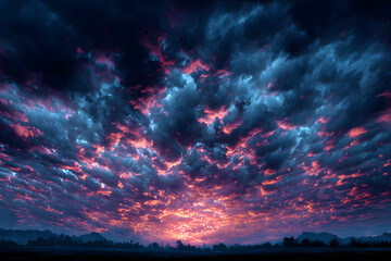Fototapeta premium sky, sunset, clouds, cloud, sun, nature, sunrise, red, dramatic, orange, blue, cloudscape, dusk, weather, storm, sunlight, evening, light, beautiful, landscape, color, bright, dark, night, summer