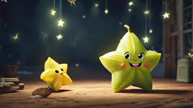 Cute animated yellow star and carambola interact in a playful indoor setting
