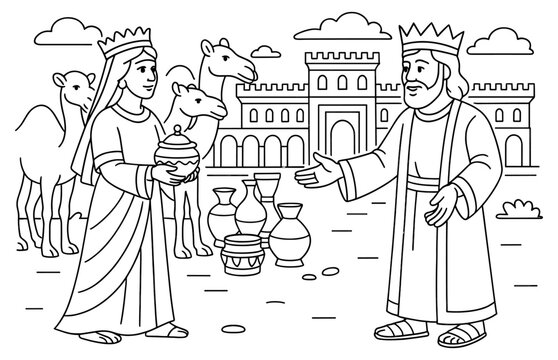 Historic encounter of queen sheba and king solomon with camels and gifts