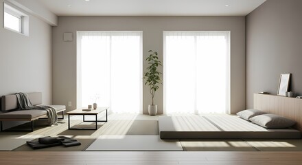 Sunlit minimalist living room with Japanese-inspired decor, featuring a low bed, sofa, and large bright windows.