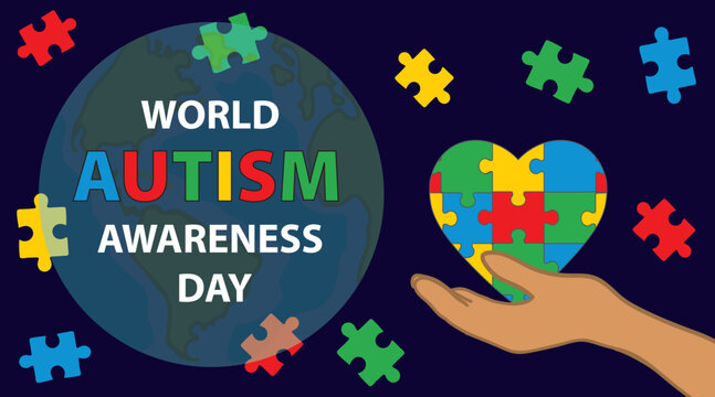 World Autism Awareness Day vector illustration with earth globe, supportive hand and colorful puzzle heart promoting unity, inclusion and compassion globally