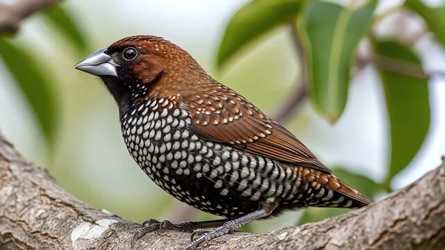 A scalybreasted munia a small bird with a brown and black body and white scales perched on a tree branch