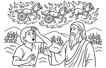 Fiery chariots appear in sky over biblical landscape for coloring page or educational use