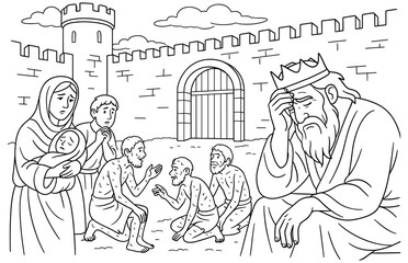 Siege of samaria scene with biblical figures and city walls depiction