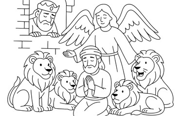 Daniel in the lions' den with angel - biblical scene for faith and spiritual reflection