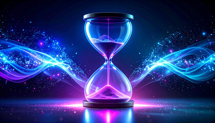 Futuristic luminous hourglass filled with swirling glowing particles. Neon blue and purple lights