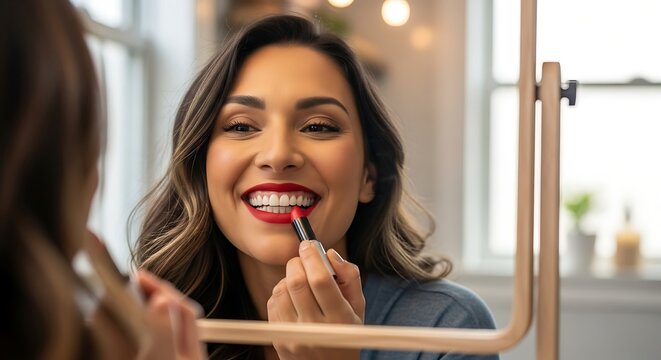 Radiant Smile in the Mirror - Confident Woman Applying Bold Red Lipstick. - Powered by Adobe