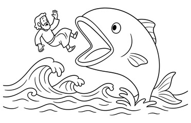 Obraz premium Jonah and the fish biblical scene for coloring book design