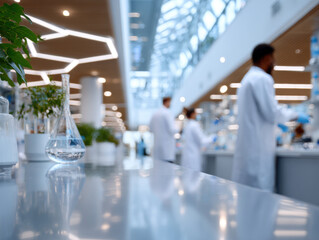 Laboratory glassware and plants with scientists conducting research in background