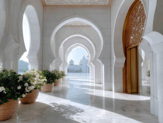 Sheikh zayed grand mosque shining through marble arches with plants