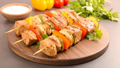 Grilled skewers with colorful vegetables on a wooden board