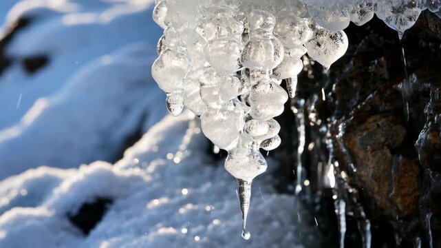 Glimmering Icicles Hanging from Rock in Winter Landscape