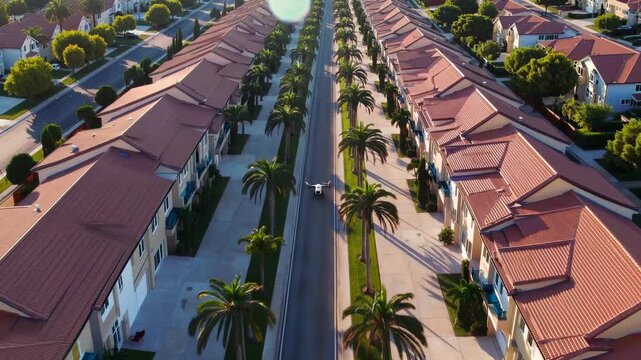 Drone aerial over palm lined street showing house row with red roof, palm tree median, car driving on road, long shadow, driveway, sidewalk, green lawn, suburban neighborhood repeating roof line