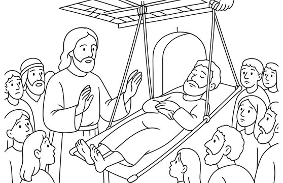Biblical scene of healing the paralytic for religious education and inspiration