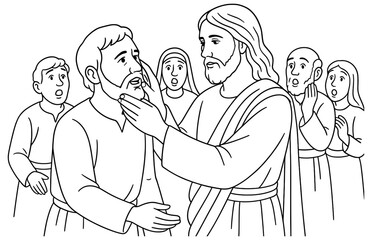 Biblical scene of jesus healing a mute man with witnesses