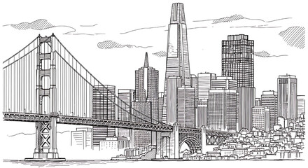 Fototapeta premium Sketch illustration of the San Francisco skyline featuring the Golden Gate Bridge. Detailed hand-drawn vector art of the famous California city.