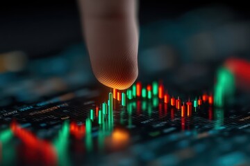 Finger Touching Stock Market Chart with Red and Green Candlestick Graphs