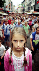 Fototapeta premium Solemn gaze amidst the crowd: A young girl with braided hair stands alone, her serious expression contrasting the bustling crowd around her, conveying themes of solitude and introspection. 