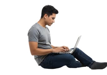 Young Man Working On Laptop In Casual Outfit Isolated On Transparent Background