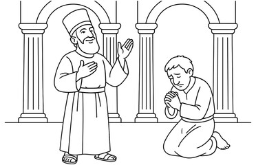 Biblical parable scene of pharisee and tax collector in prayer
