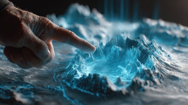 Hand Interacting with 3D Holographic Terrain Model in Blue Light Display
