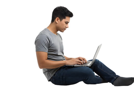 Young Man Working On Laptop In Casual Outfit Isolated On Transparent Background