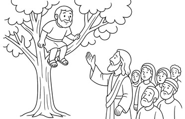 Biblical scene of zacchaeus in tree with jesus and crowd for educational materials