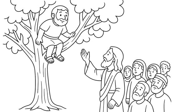 Biblical scene of zacchaeus in tree with jesus and crowd for educational materials