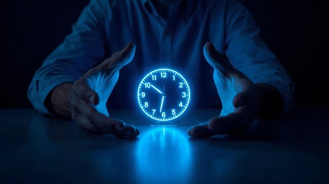 Man holding glowing neon clock in dark room symbolizing time management, deadline, urgency, planning, schedule, countdown, futuristic technology and business concept with blue light atmosphere