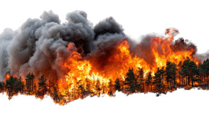 A dramatic scene of a raging wildfire with intense flames and thick smoke engulfing a forest, illustrating the destructive power of nature and the urgency of fire prevention.