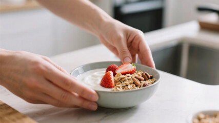 Healthy breakfast concept with hands adding nuts to probiotic yogurt parfait in bright daylight cozy kitchen interior
