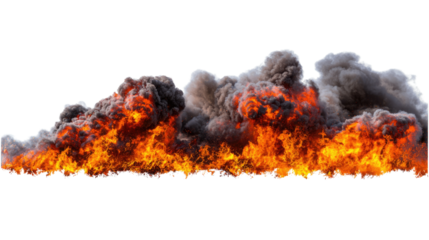 Fiery explosion cloud with vibrant flames and dense smoke on a transparent background, ideal for graphic design and visual effects.