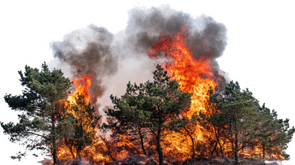 Fototapeta premium A dramatic scene of a forest fire, showcasing flames engulfing trees with thick smoke billowing into the air, highlighting the intensity and danger of wildfires in natural landscap